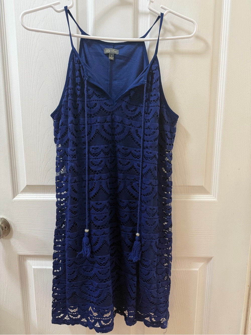 Lily Rose Navy Blue Lace Tassel Spaghetti-Strap Mini Dress